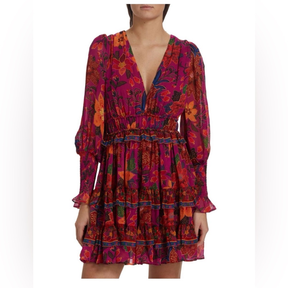 FARM RIO Floral Tropical Vibrant Eclectic V-neck Tapestry Long Sleeve Minidress